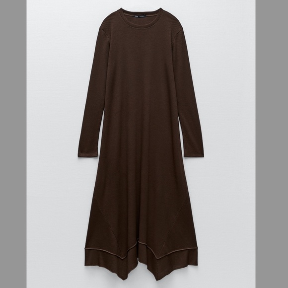 Zara brown long ribbed handkerchief midi dress NWT - Picture 1 of 9